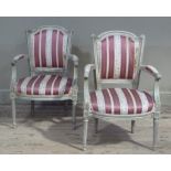 A pair of French grey painted salon chairs in Louis XV style with upholstered concave backs