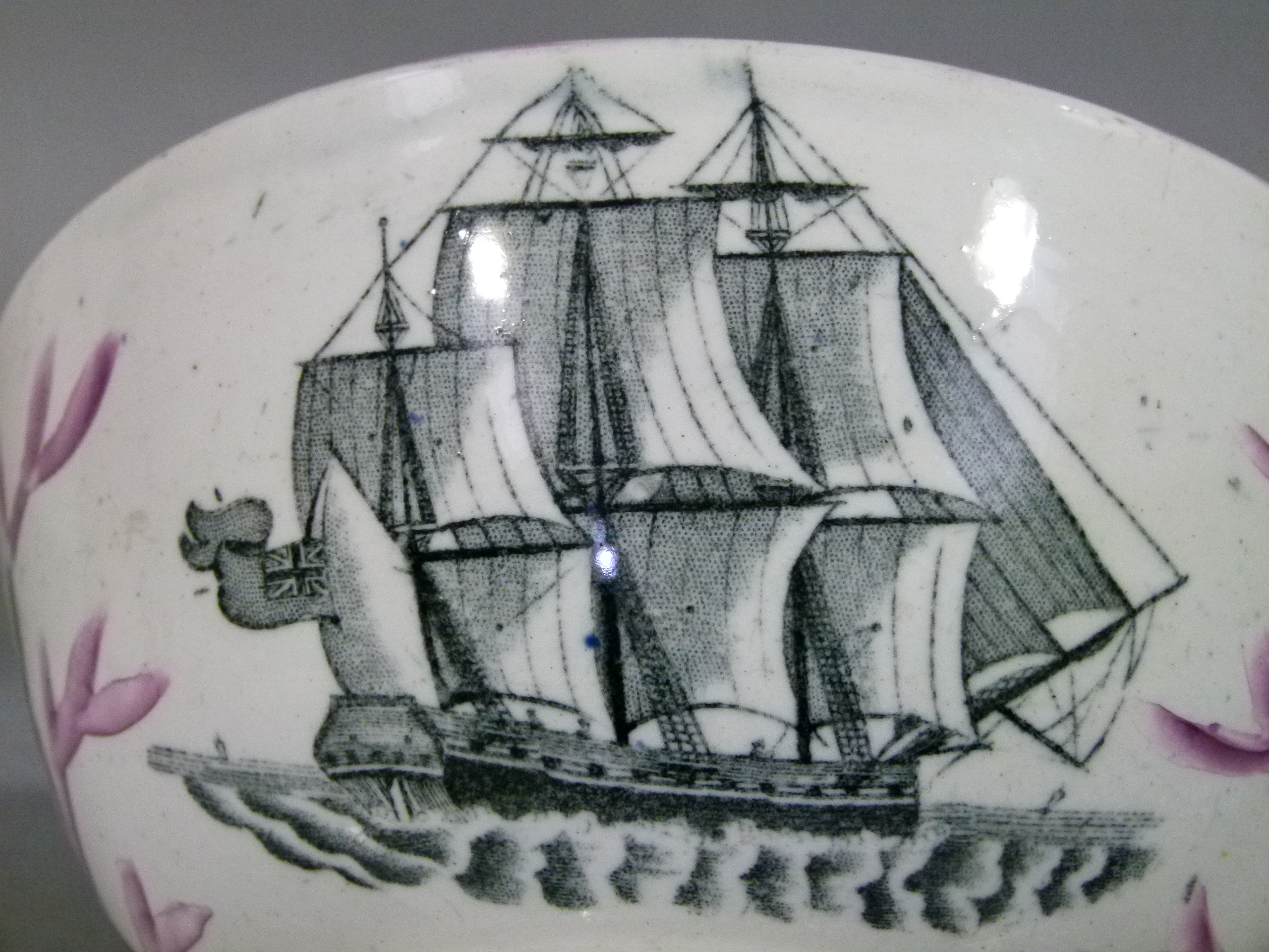 A Staffordshire circular footed pink lustre bowl, the exterior transfer printed with sailing ship, - Image 5 of 5