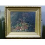 A 19th century still life of grapes, strawberries and peaches against a leafy bank, oil on