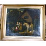 English School late 19th century, figures outside an inn with horse and chickens, oil on canvas,