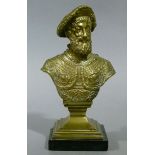 A Victorian brass head and shoulder portrait bust of Henry VIII on waisted square pedestal and black