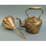 A Victorian copper kettle with strapwork handle; together with a Victorian copper funnel (2)