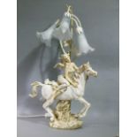 A resin figural lamp modelled as a young woman riding a horse with triple white glass petal shades
