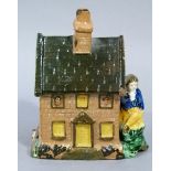 A Victorian pottery cottage money bank with brown glazed roof, the front relief moulded with three
