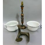 A shoe last, a white enamel chamber pot, a white pottery chamber pot and a decorative table lamp
