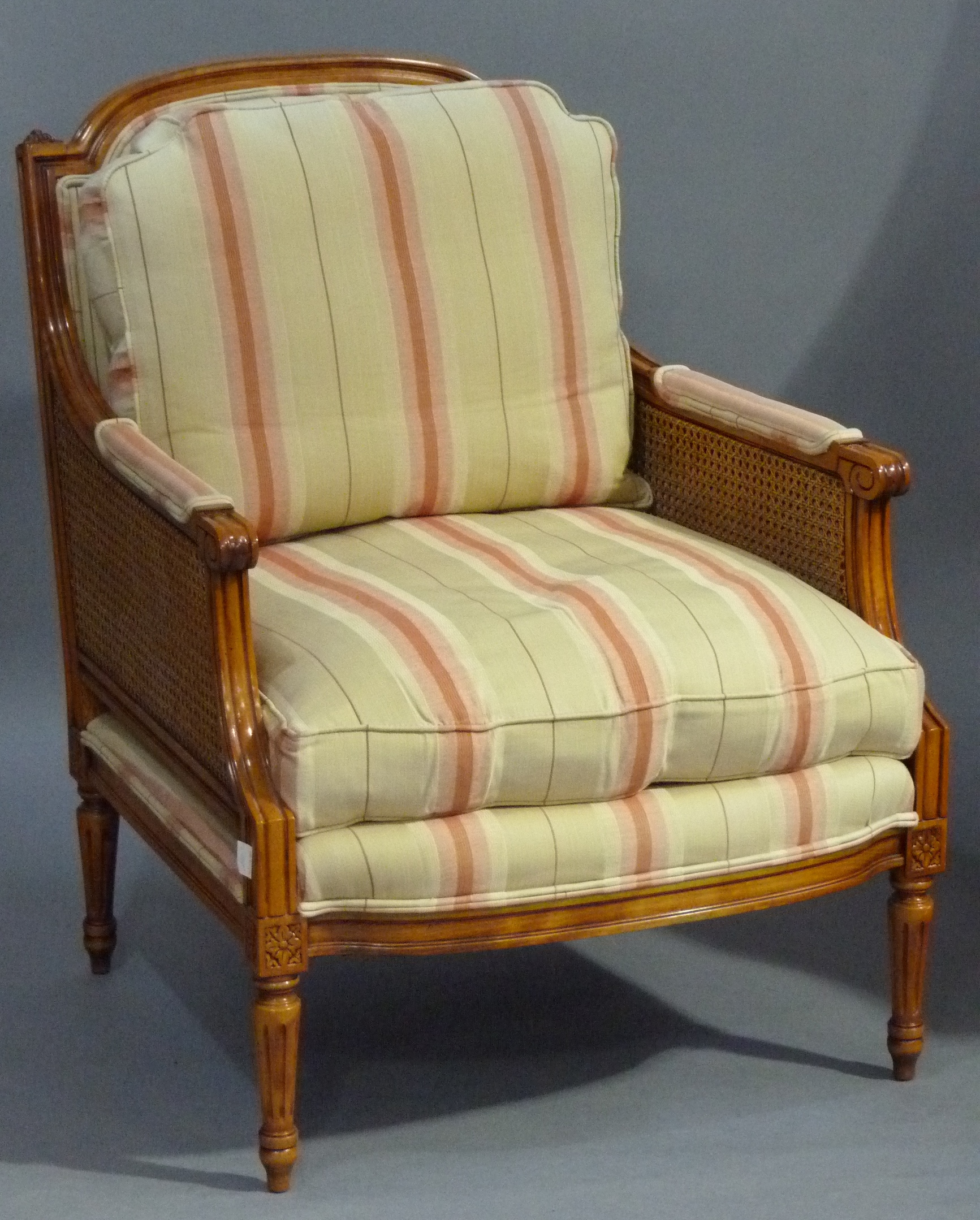 A reproduction stained beech armchair in Louis XVI style moulded frame upholstered back, arm pads - Image 2 of 2