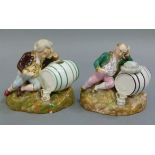 A pair of Staffordshire porcelain ink wells each modelled with a sleeping judge resting next to a