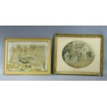 A George III needlework oval picture worked in coloured silks with a harvesting scene on a