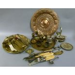 A quantity of metal ware including oval embossed brass tray, an Eastern copper circular tray, plated