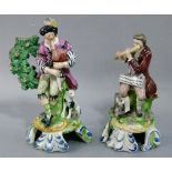 A pair of Staffordshire flat back figures, one modelled as a seated piper with dog at his feet,