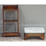 A late Victorian inlaid rosewood small stool, stuffed over top above a frieze foliate inlaid on