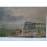 19th century English School, children on a beach with steam ship beyond, watercolour, heightened
