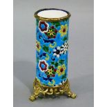 A Continental ormolu mounted pottery cylindrical vase the turquoise ground enamelled with stylised