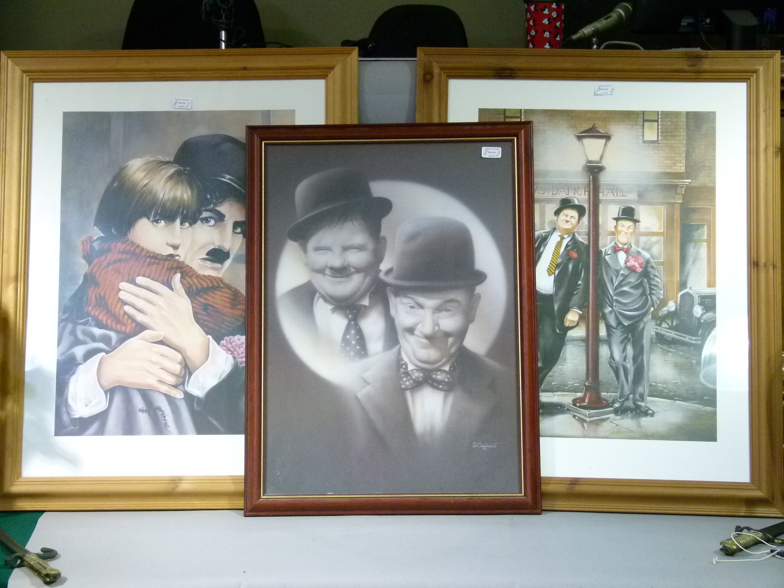 Three framed pictures of Laurel and Hardy, and Charlie Chaplin - Image 2 of 2