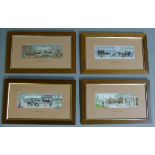 A set of four J & J Cash Ltd woven pictures: Street Scene 1842, Country Scene 1870, The Village