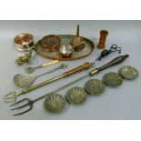 Two toasting forks, a silver plated bottle coaster; another, a pair of candle snuffers, copper