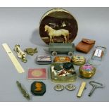 A quantity of advertising tins, bone paper knife, keys, penknives, etc (quantity)