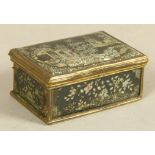 AN 18TH CENTURY ORMOLU MOUNTED RECTANGULAR SMALL BOX, the hinged lid finely inlaid in mother of
