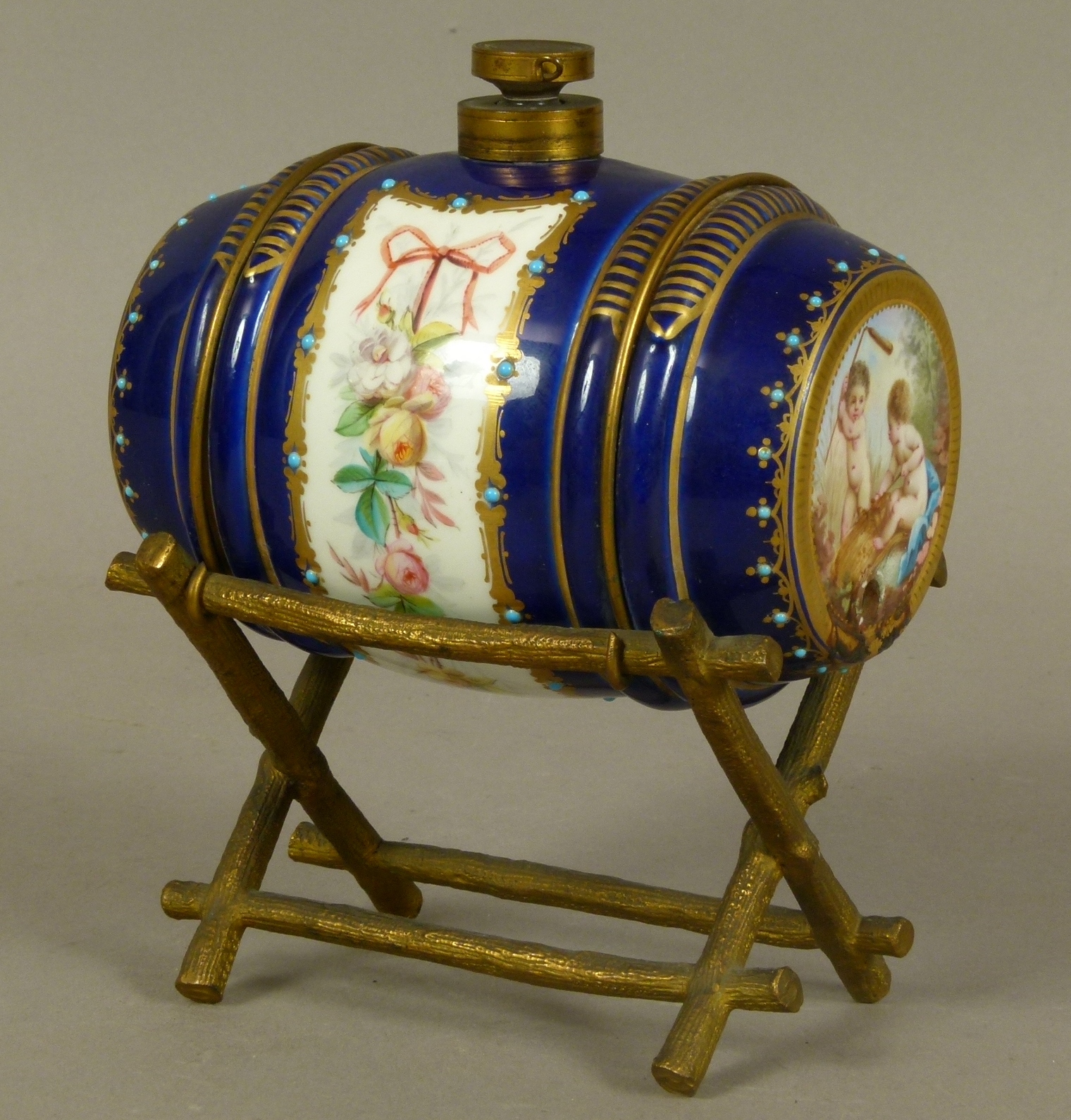 A LATE 19TH CENTURY FRENCH PORCELAIN AND GILT-BRONZE MOUNTED SPIRIT BARREL, the porcelain barrel - Image 2 of 5