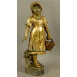 A 19TH CENTURY GOLDSCHEIDER GLAZED BLONDE TERRACOTTA FIGURE of a young girl carrying a basket,