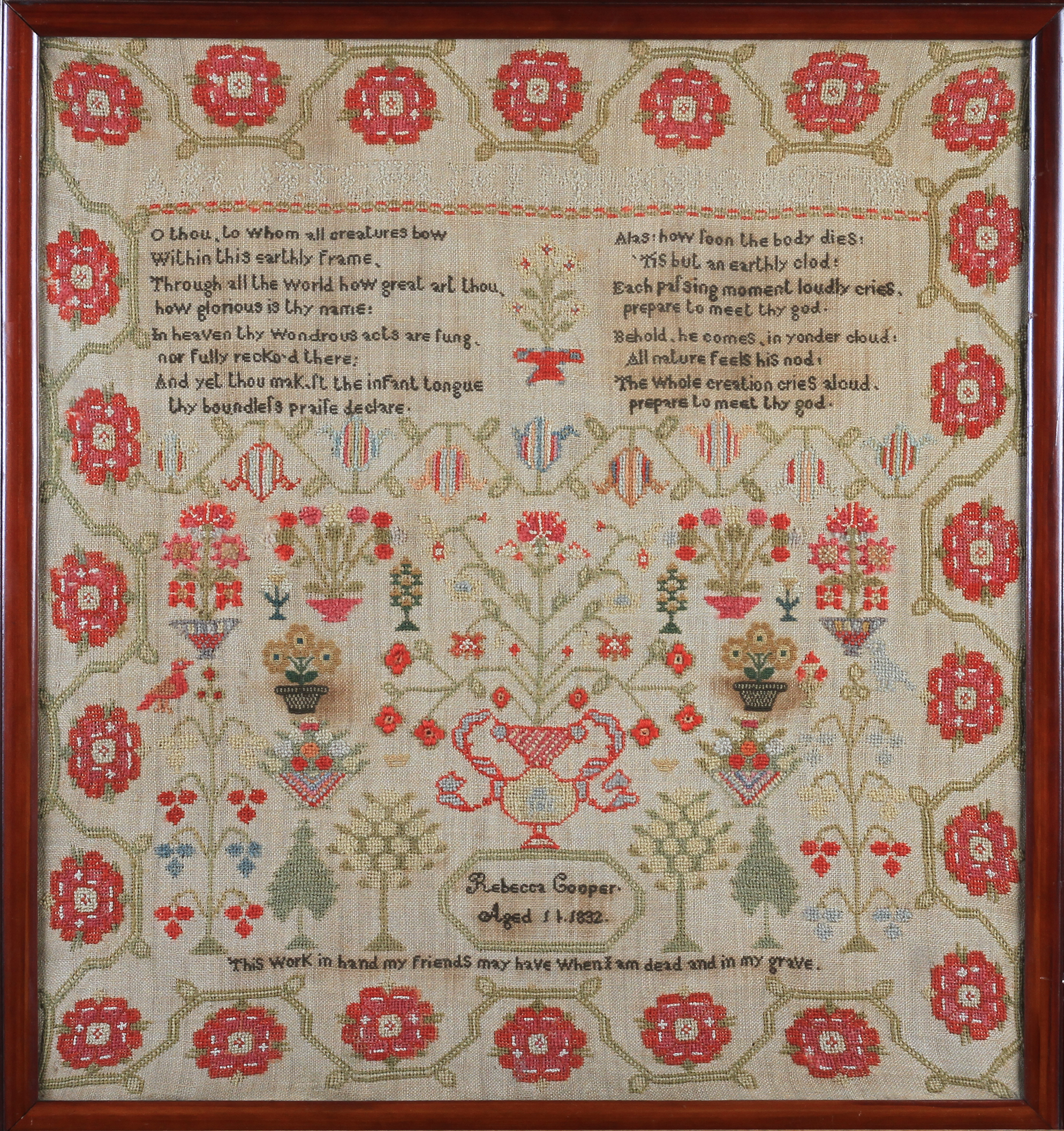 AN EARLY 19TH CENTURY SAMPLER worked by Rebecca Cooper aged 11, 1832, with text, flowering trees and - Image 2 of 4