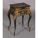 AN EARLY VICTORIAN PAPIER MACHE WORK TABLE in the manner of Jennens & Betteridge, the hinged lid