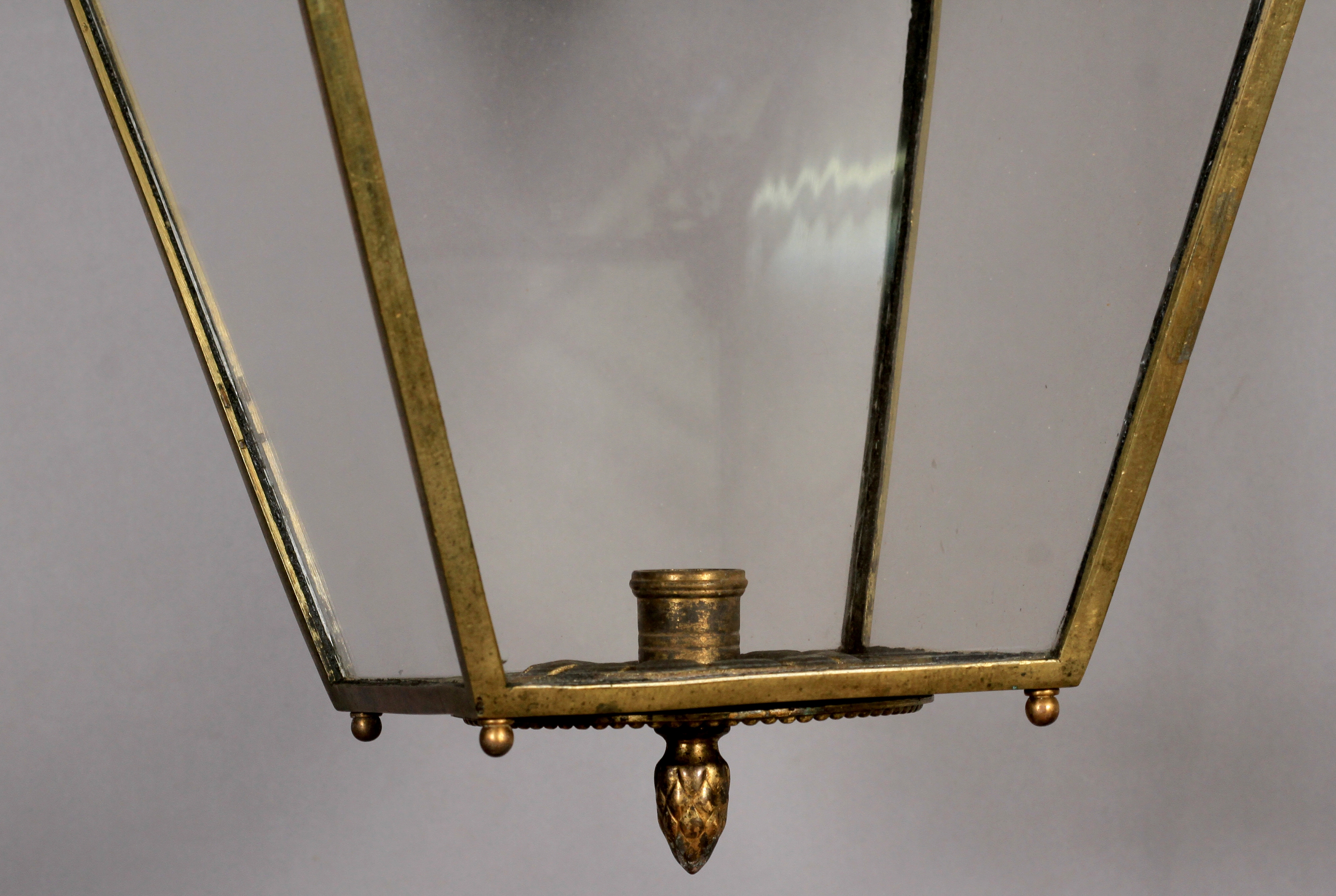 A 19TH CENTURY BRASS FRAMED HALL LANTERN of tapered square form, each corner clasped with a - Image 3 of 6