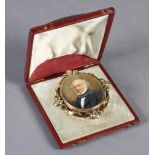 A VICTORIAN OVAL HEAD AND SHOULDER PORTRAIT MINIATURE of a white haired gentleman wearing white