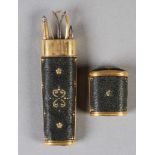 A GEORGE III SHAGREEN ETUI inlaid in rolled gold pique work with florets and scrolls, the tapered