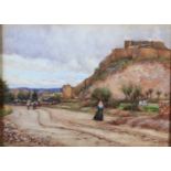 JOHN DODDY WALKER (1863-1925) Castle of Denia, Spain, hilltop castle with figures on the road to