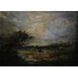 MANNER OF JOHN CONSTABLE, Shepherd and sheep in a blustery summer landscape, oil on board, 13cm x