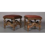 A PAIR OF BEECHWOOD STOOLS OF CHARLES II STYLE 19TH CENTURY, square drop-in upholstered seats on