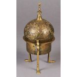 A 19TH CENTURY EASTERN THREE COLOUR METAL CENSER with onion shaped cover pierced and applied