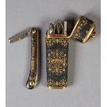A GEORGE III SHAGREEN ETUI inlaid rolled gold pique work with an inverted bell shape within scroll