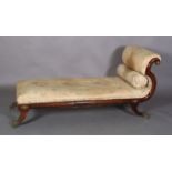 A REGENCY FAUX ROSEWOOD DECORATED BEECH S-SCROLL ARM DAY BED c.1820, upholstered in floral chintz,