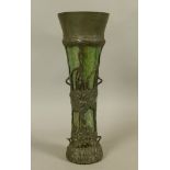 A ROYAL-ZINN PEWTER MOUNTED LOETZ STYLE glass Art Nouveau vase of waisted cylindrical form, the body
