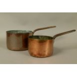 TWO COPPER SAUCEPANS, 19th century, each having an iron strap handle, 18cm diameter x 11.5cm high