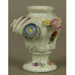 A LONGTON MOULDED PORCELAIN ROCOCO SPILL VASE, the body floral encrusted and painted butterflies,