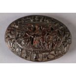 A FINE LATE 18TH/EARLY 19TH CENTURY OVAL COCONUT BOX with hinged cover finely carved with
