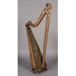 A 19TH CENTURY PAINTED PINE HARP with scroll carved crown above 'Prince of Wales Feathers' and