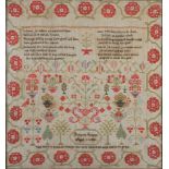 AN EARLY 19TH CENTURY SAMPLER worked by Rebecca Cooper aged 11, 1832, with text, flowering trees and