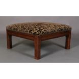 AN OAK SQUARE FOOT STOOL with moulded frame and chamfered square legs, the stuffed over top