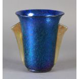 A LARGE LOETZ IRIDESCENT BLUE GLASS two handled vase of Art Deco style, the flared body with pair of