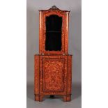 A 19TH CENTURY DUTCH FLORAL MARQUETRY MAHOGANY STANDING CORNER CUPBOARD with glazed top above