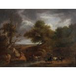 BENJAMIN BARKER OF BATH (1776-1838) Landscape with river crossing, drovers and cattle, oil on