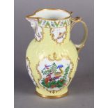 A RARE WORCESTER YELLOW GROUND CABBAGE LEAF MOULDED MASK JUG, the body London decorated with two