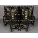 A SET OF SIX AND FIVE CLOSELY MATCHED MILANESE EBONISED AND IVORY INLAID DINING CHAIRS in the 17th