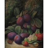 OLIVER CLARE (1853-1927) Still life of plums, whitecurrants, raspberries and gooseberry, oil on