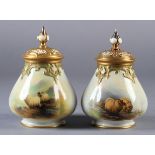 A PAIR OF ROYAL WORCESTER FLUTED SACK SHAPED VASES and covers finely painted with sheep in