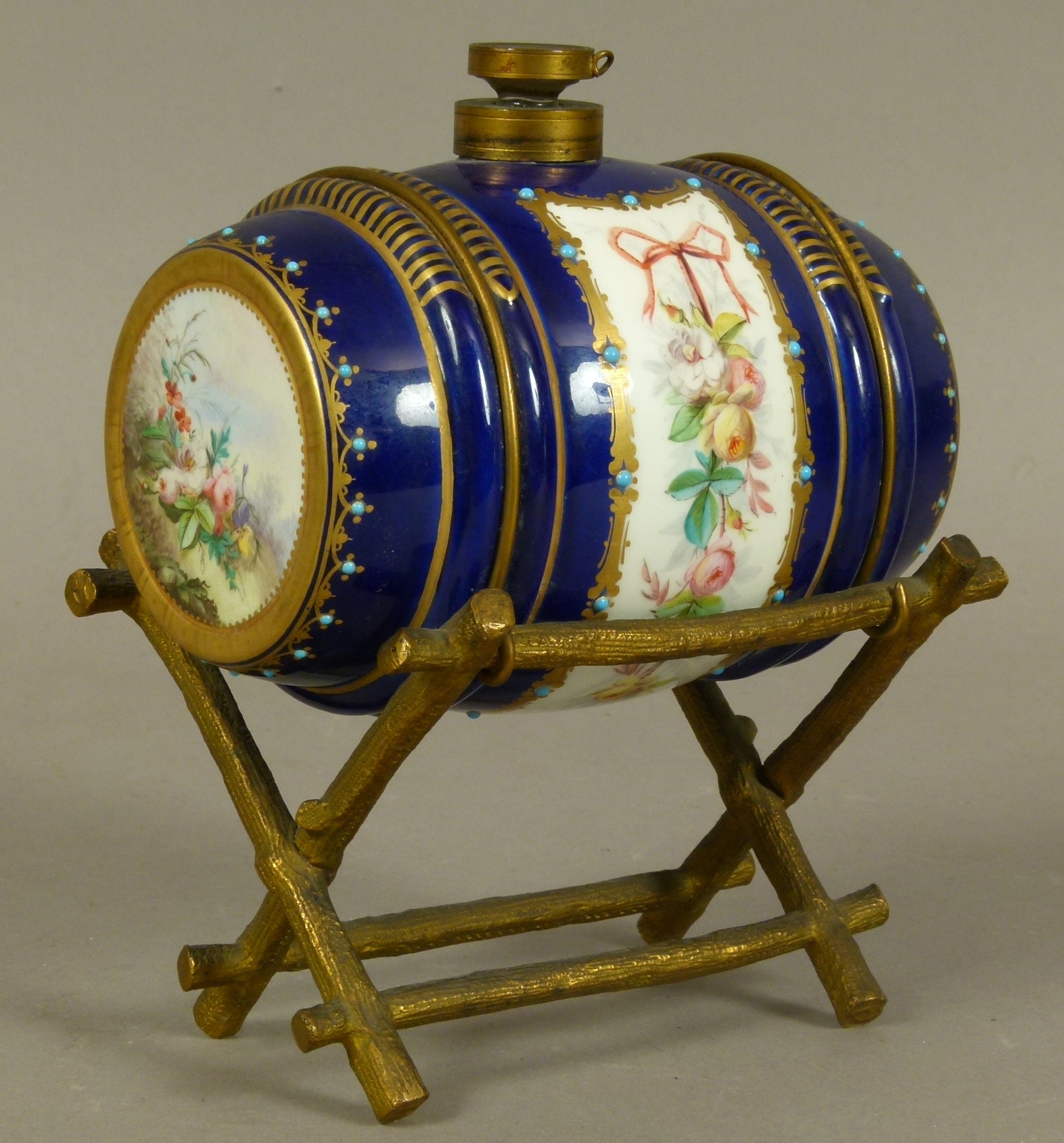 A LATE 19TH CENTURY FRENCH PORCELAIN AND GILT-BRONZE MOUNTED SPIRIT BARREL, the porcelain barrel - Image 4 of 5